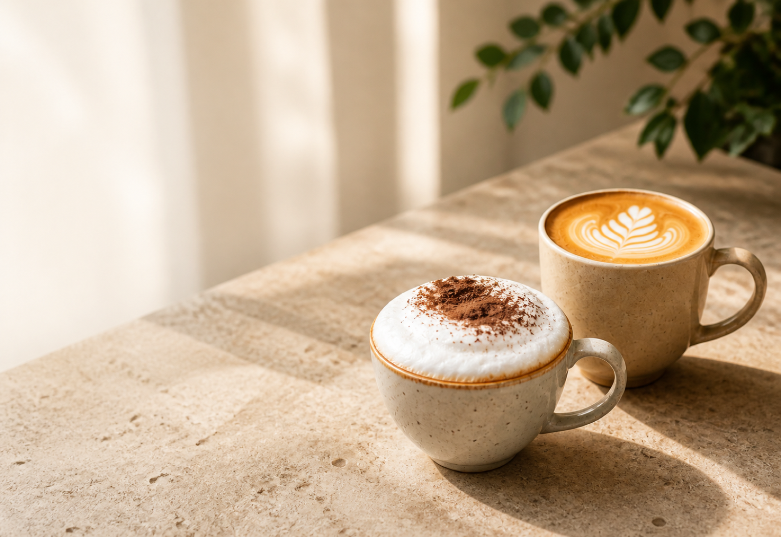 A cappuccino and a latte ready for a side-by-side coffee drink comparison